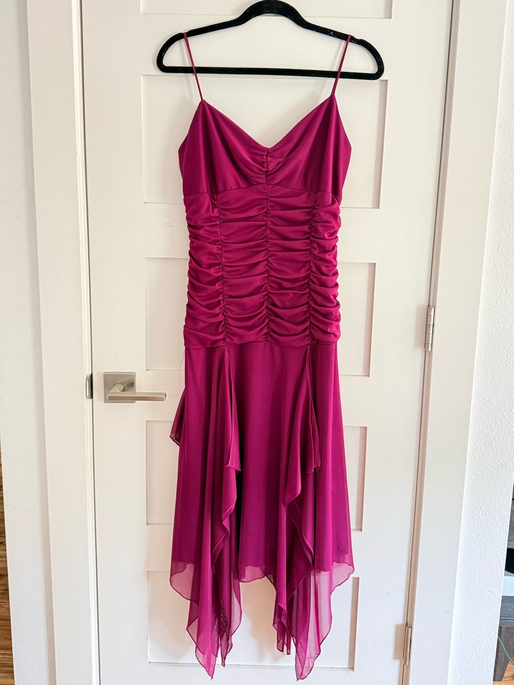 Rampage Fuchsia Ruched Spaghetti Strap Handkerchief-Hem Dress